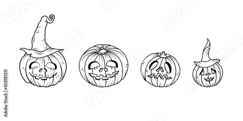 Various pumpkins set on a white isolated background. Halloween illustration. Coloring book for children and adults. Vector