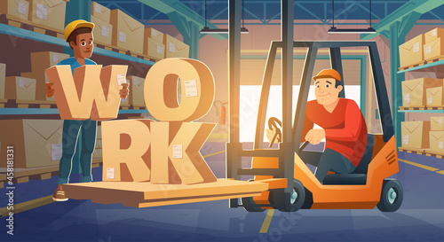Work in warehouse, forklift driver loading cardboard boxes on racks. Freight distribution, logistics and goods delivery business. Workers in storage room at market storehouse, Cartoon vector banner