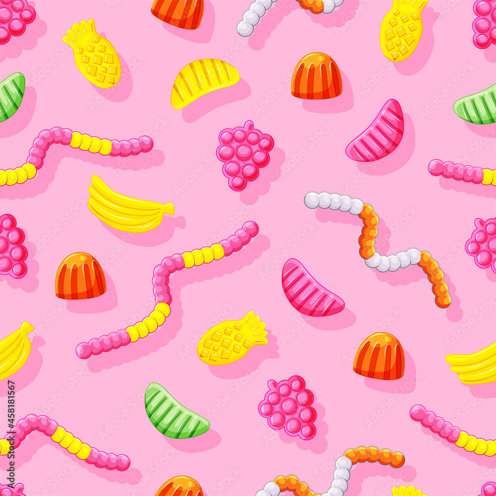 Various jelly candies seamless pattern. Useful gummi sweets. Vitamins. Vector illustration