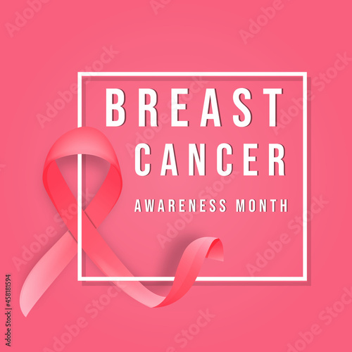 breast cancer awareness month with realistic pink bow ribbon and square frame