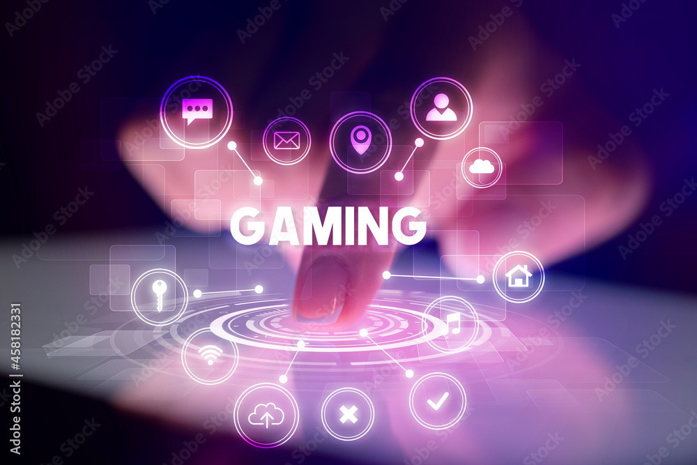 Finger touching tablet with web technology icons concept Finger touching tablet with web technology icons concept