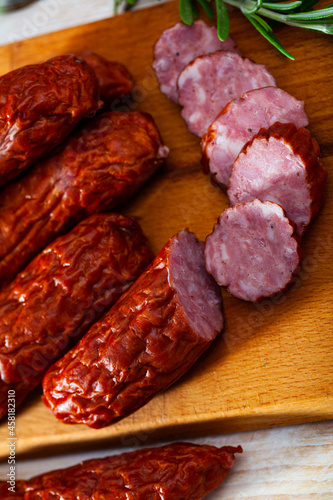 Dried sausages in skin - traditional Czech slim sausages