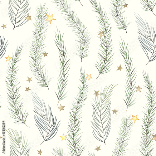 Christmas floral seamless pattern with branches and confetti of golden stars  watercolor holiday illustration on ivory background for textile  wallpaper or wrapping paper.