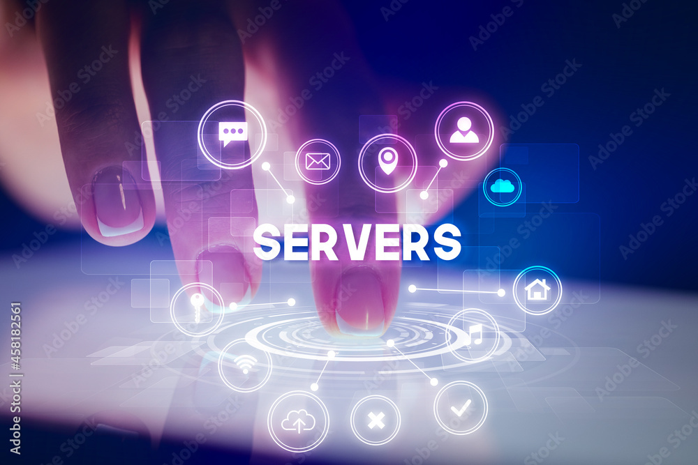 Finger touching tablet with web technology icons concept Finger touching tablet with web technology icons concept