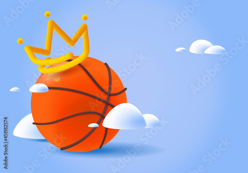 Illustration in the style of 3D render, basketball with a golden crown with small clouds in the air