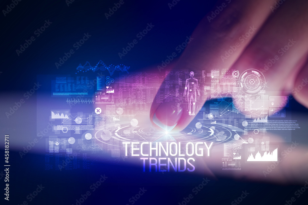 Finger touching tablet with web technology icons concept Finger touching tablet with web technology icons concept