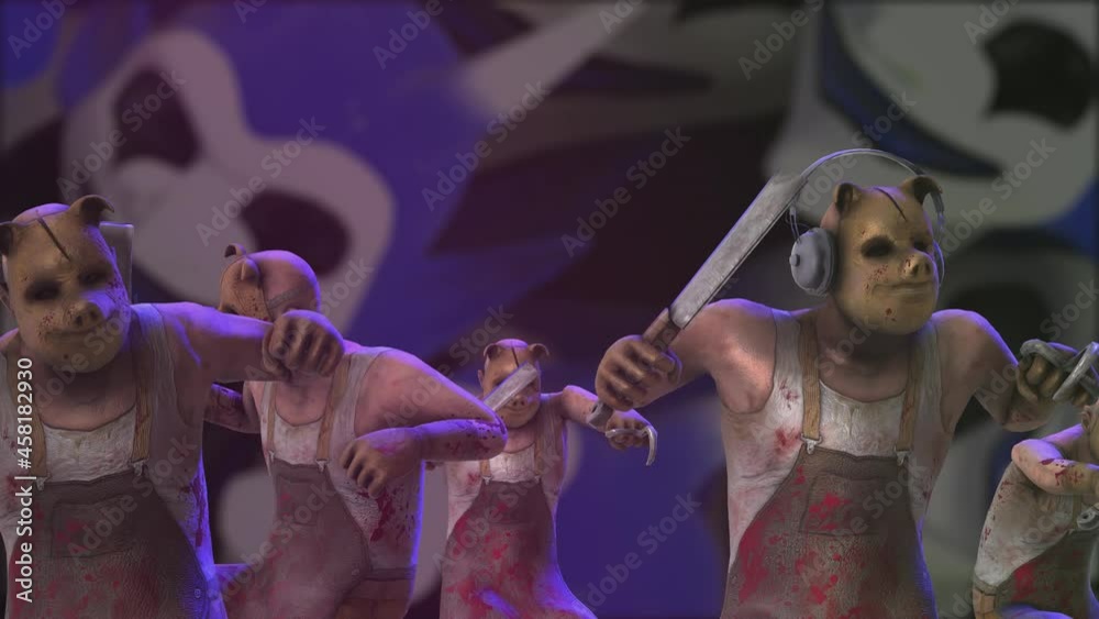 Seamless animation of psycho butchers dancing in a club with camera jumps from different angles. Funny Halloween background of a serial killer with pig mask