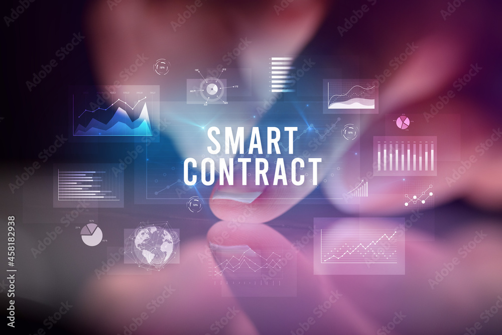 Finger touching tablet with business graphs and icons concept Finger touching tablet with business graphs and icons concept
