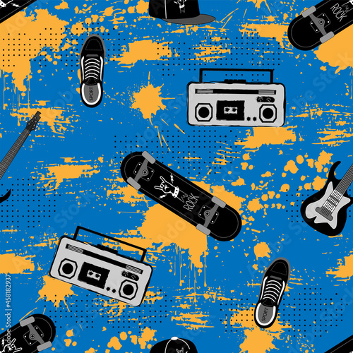 Urban pattern for boys.Cool print with skate, guitar, tape recorder on grunge texture.