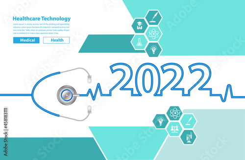 2022 new year with stethoscope creative design  And medical flat icons in medicine technology concept  Vector illustration modern layout template
