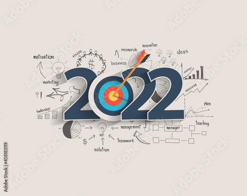 2022 new year target audience concept, Creative thinking drawing charts and graphs business success strategy plan idea on target dart with arrow, Vector illustration modern layout template