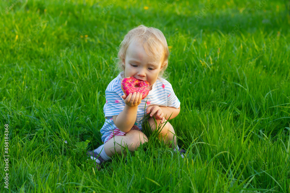 Baby girl eats pink sweet donuts in spring or summer in the park on the green grass Baby girl eats pink sweet donuts in spring or summer in the park on the green grass