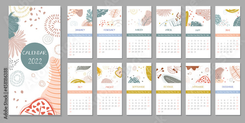 2022 trendy calendar design. Set of 12 months. Week starts on Sunday.Editable calender page template format.Abstract artistic vector illustration.Cute printable template with geometric elements