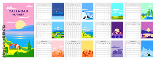 Calendar Planner minimalistic landscape natural backgrounds of four seasons template. Winter, Spring, Summer, Autumn. Monthly for diary business. Week Starts Sunday. Vector flat style isolated