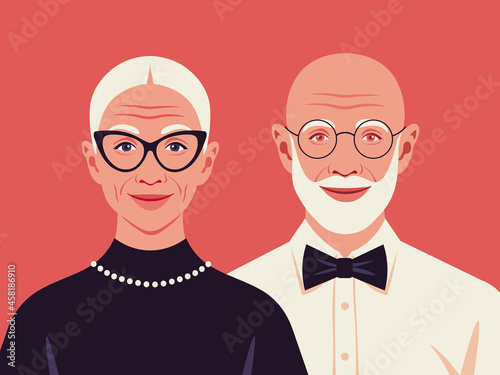 The elderly lovers. Happy elderly couple. Love and dating. Family relationship. Grandparents. Vector flat illustration