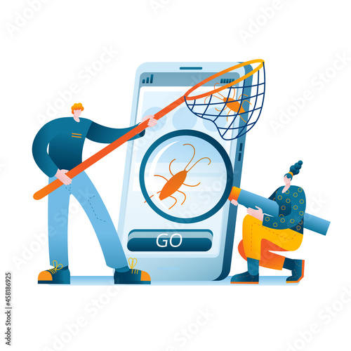 The Quality control department is looking for errors in the mobile application. Vector illustration on the topic of mobile development and testing.