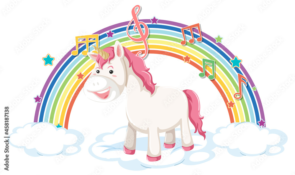 Fototapeta premium Unicorn standing on cloud with rainbow and melody symbol