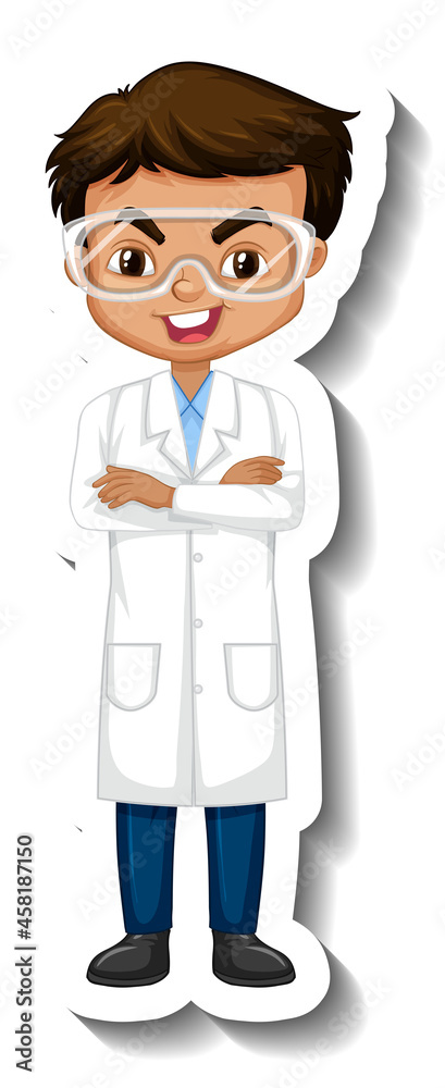 Cartoon character sticker with a boy in science gown Cartoon character sticker with a boy in science gown