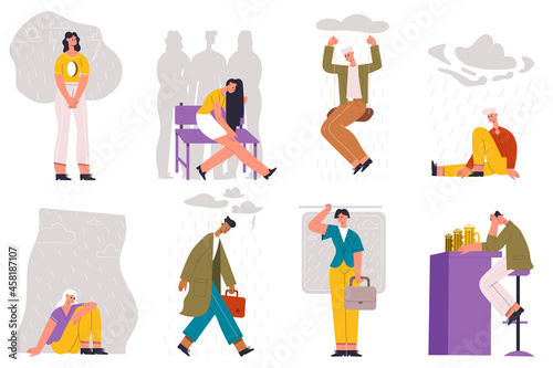 Lonely, depressed, sad socially isolated characters. Sad, lonely, depressed social isolated people vector illustration set. Unhappy, feel loneliness person