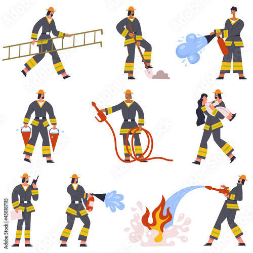Brave firefighters rescue emergency service characters in action. Fireman with fire extinguishing rescue equipment vector illustration set. Firefighters emergency service