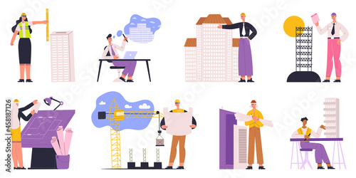 Architects, engineers, builders and construction workers characters. Professional builder, architect, worker engineer vector illustration set. Architectural project workers
