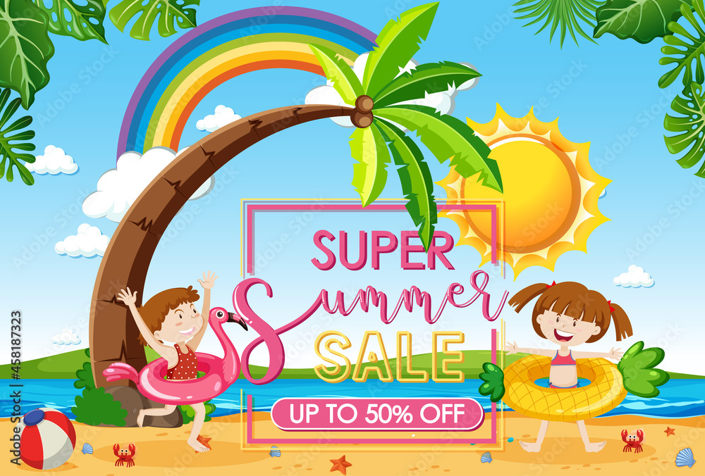 Hello Summer Sale banner with many kids at the beach
