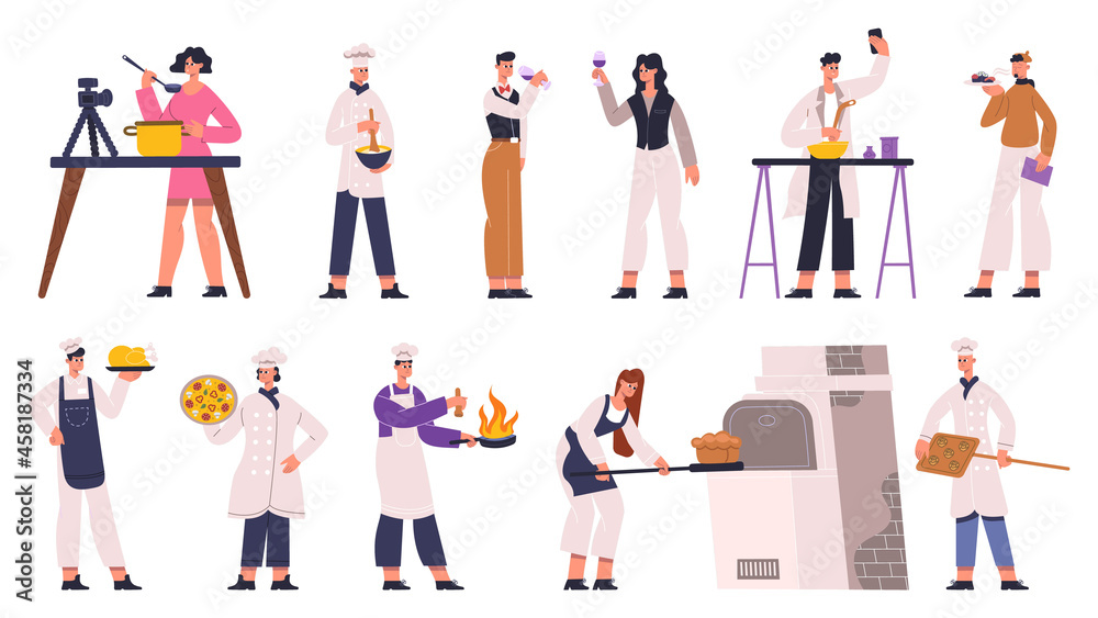 Cooks, chefs, sommelier, food critic and food bloggers. Food review, restaurant chef, wine sommelier and food experts vector Illustration set. Culinary cook characters