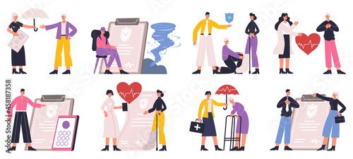 Risk insurance protecting health, business, automobile and house. Insurance life, health and property safety protection vector Illustration set. Property protection offers