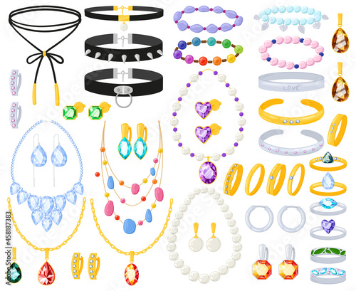 Cartoon golden, silver jewel accessories necklace, bracelet and earrings. Women jewellery gold silver accessories vector illustration set. Jewelry earrings, rings, necklaces