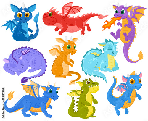 Cartoon dragon kids fantasy cute creature mascots. Funny dragon babies  medieval legends and fairytales dino characters vector illustration set. Fantasy dragon monsters