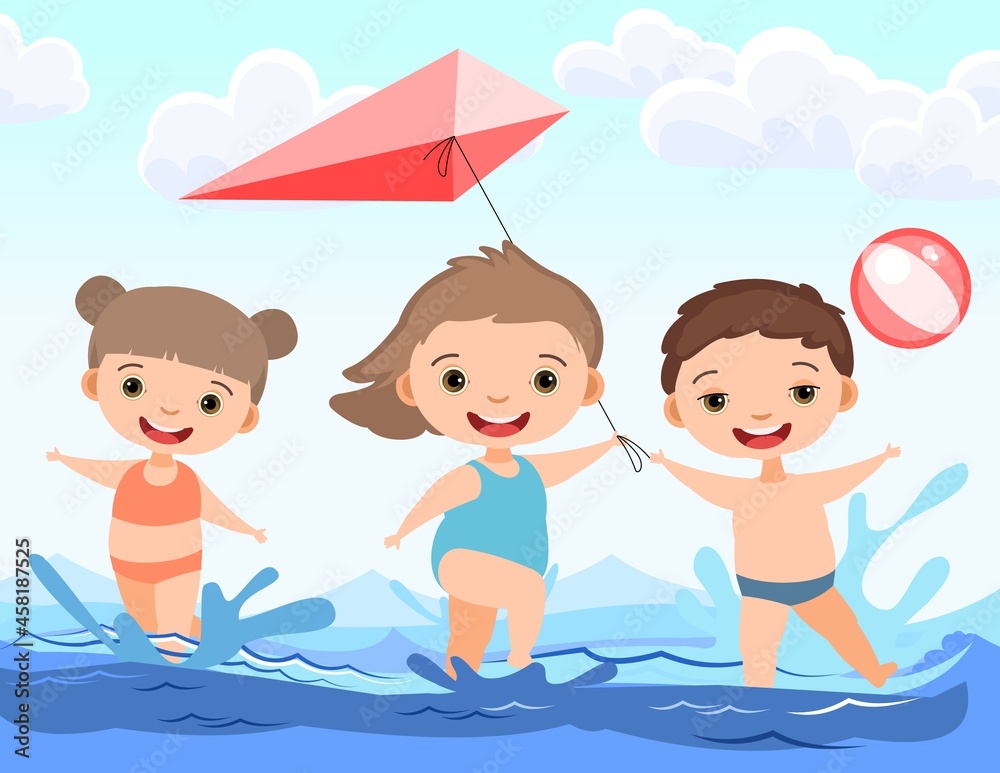 Children fun and splashing in water. Waves. Swimming, diving and water sports. Beach landscape. Illustration in cartoon style. Flat design. Vector art Children fun and splashing in water. Waves. Swimming, diving and water sports. Beach landscape. Illustration in cartoon style. Flat design. Vector art