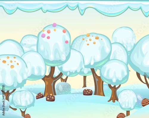 Landscape with ice cream on chocolate sticks. Childrens picture background. Cartoon style. Snow drifts. Cold winter dream land. Refreshing sweets and drips. Vector