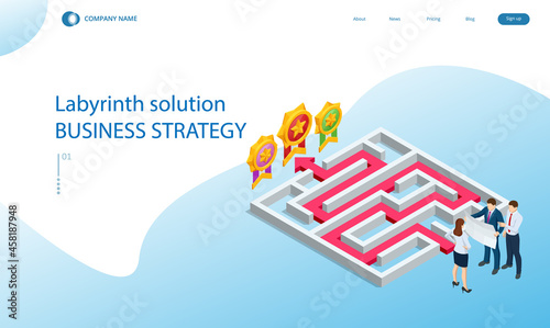 Isometric maze, labyrinth solution. Business team looking for solution in a maze. The path to the goal or success, teamwork and business strategy
