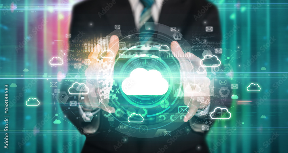 Businessman holding technology icon concept Businessman holding technology icon concept