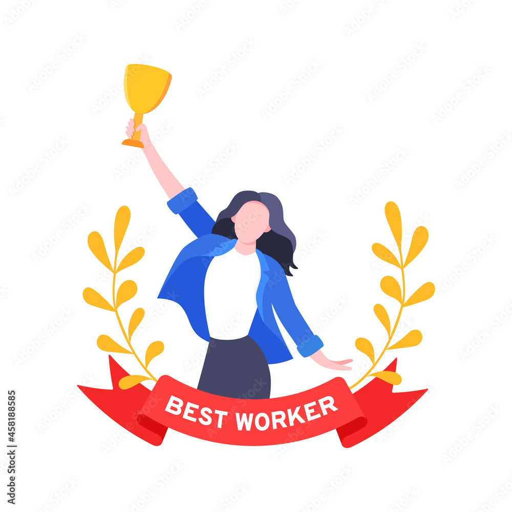 Best worker employee winner with trophy cup inside award ribbon and