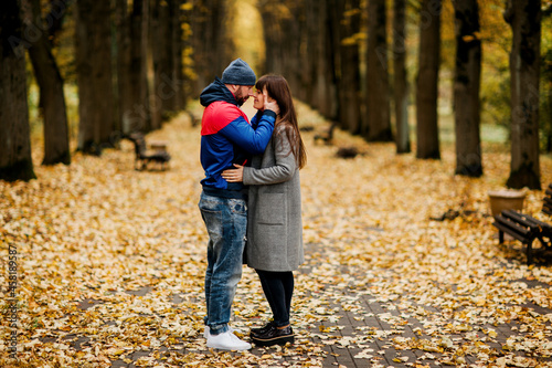 Two lovers are standing on an alley in an autumn park and hugging each other. Autumn, love, a romantic date