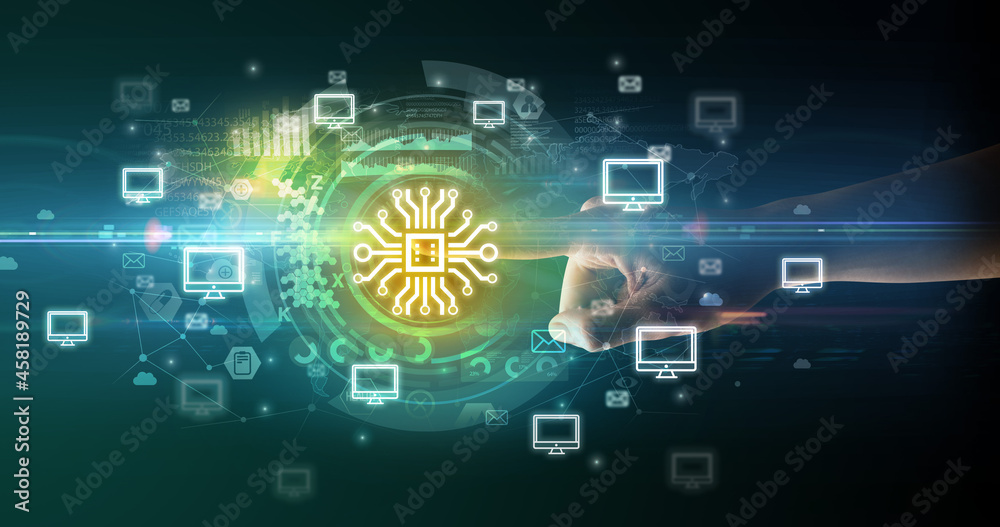 touching with soft gesture multimedia screen with future technology concept
