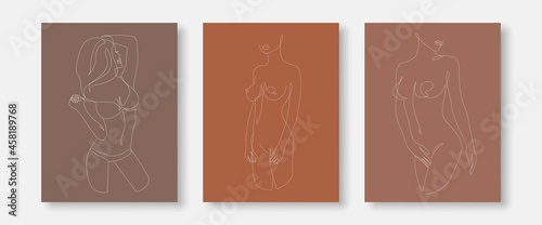 Woman Body Line Drawing Set. Abstract Minimal Female Figure Icon, Logo. Continuous One Line Woman Nude Illustration. Modern Trendy Contour Drawing. Vector EPS 10.