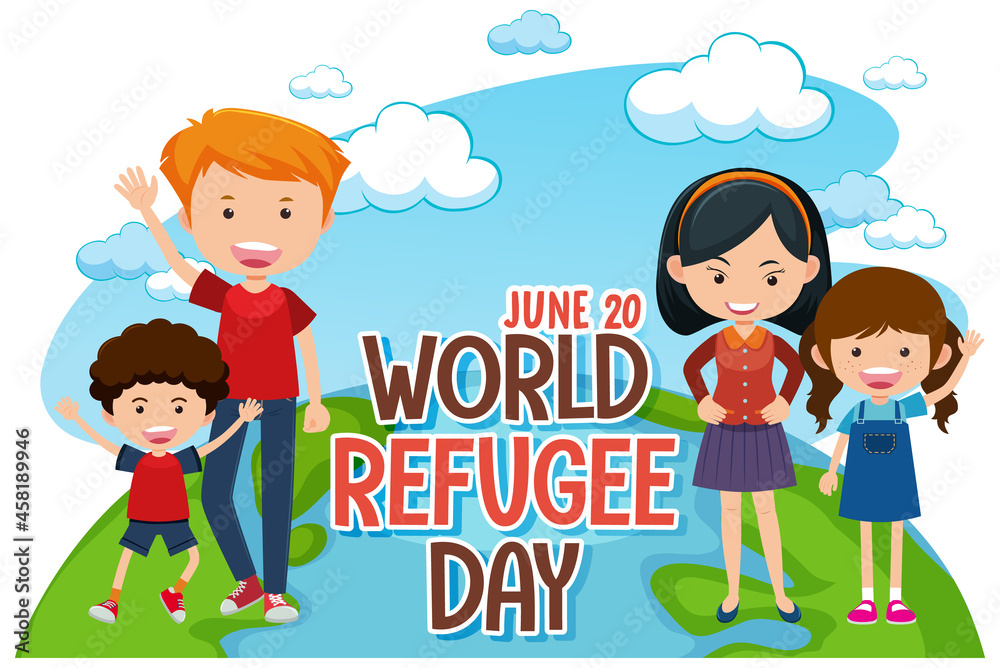 World Refugee Day banner with family cartoon character