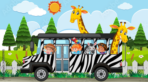 Safari scene at daytime with kids and animals on bus