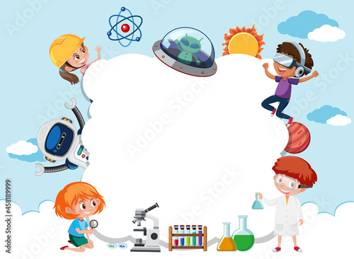 Empty cloud banner with kids in technology theme