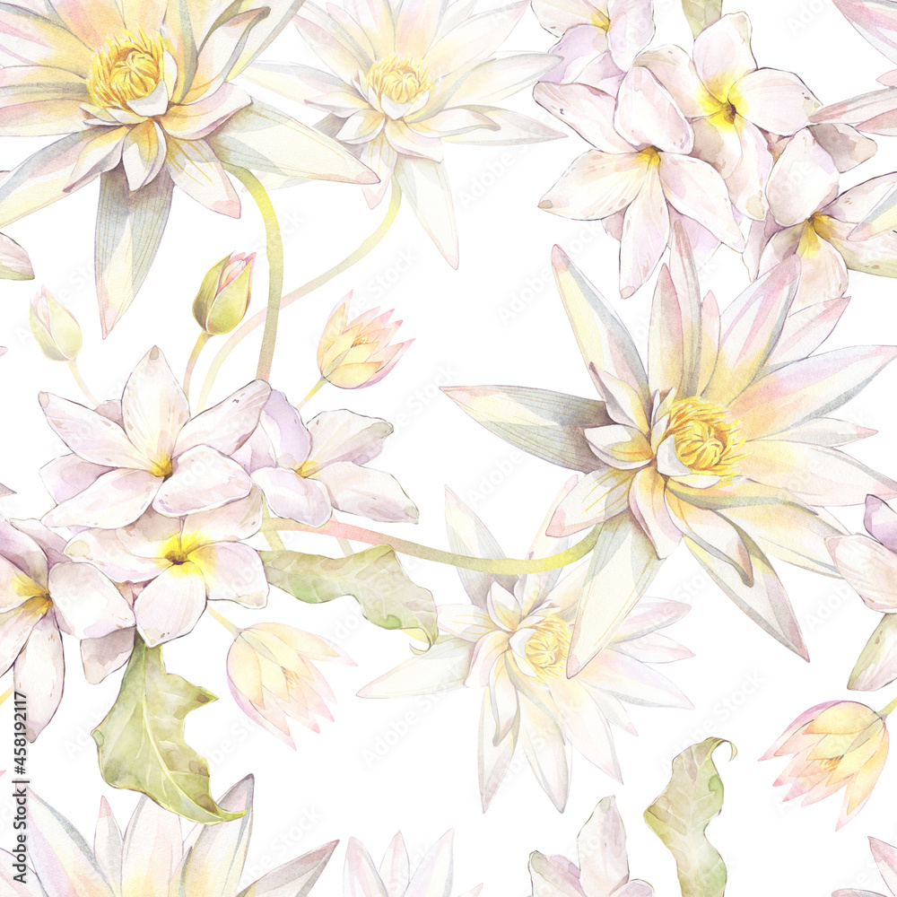 Fototapeta premium Floral seamless pattern of tropical flowers. Hand painted watercolor illustration. 