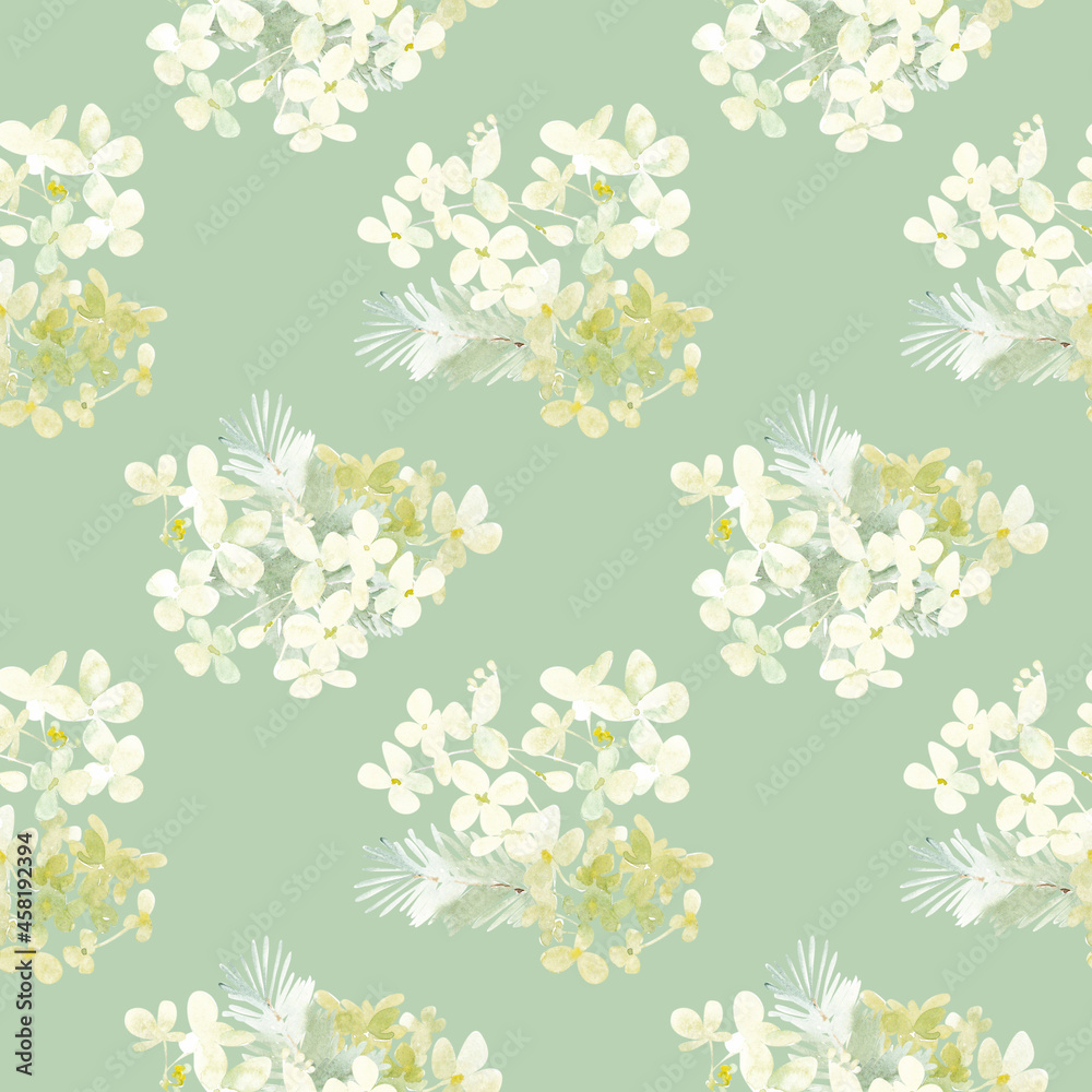 Winter pattern. Hydrangea flowers painted in watercolor and placed on a light green background Winter pattern. Hydrangea flowers painted in watercolor and placed on a light green background