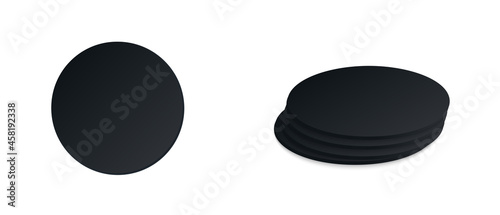 Circle beer coaster. Empty black mockup. Pprotection coaster for beer glasses, tea cups isolated on white background. Branding template vector illustration.