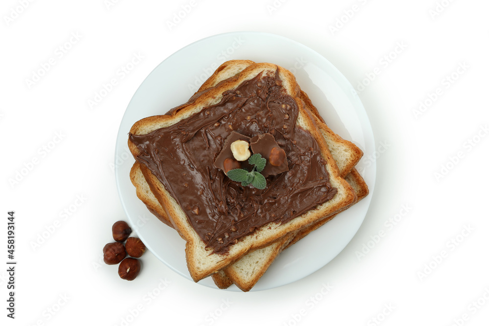 Plate with chocolate paste sandwiches isolated on white background Plate with chocolate paste sandwiches isolated on white background
