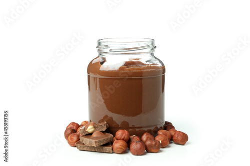 Cuadro en lienzo Jar with chocolate paste and nuts isolated on white background