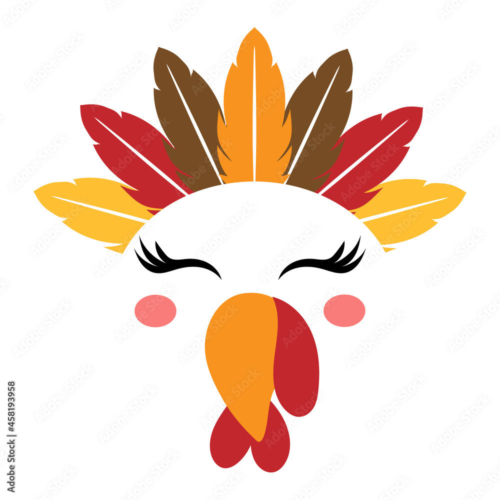 Obraz premium Beautiful turkey face with feather Indian American native tiara - Vector illustration for card and shirt design for autumn holidays. Happy Harvest, Thanksgiving decoration.