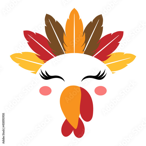 Beautiful turkey face with feather Indian American native tiara - Vector illustration for card and shirt design for autumn holidays. Happy Harvest, Thanksgiving decoration.