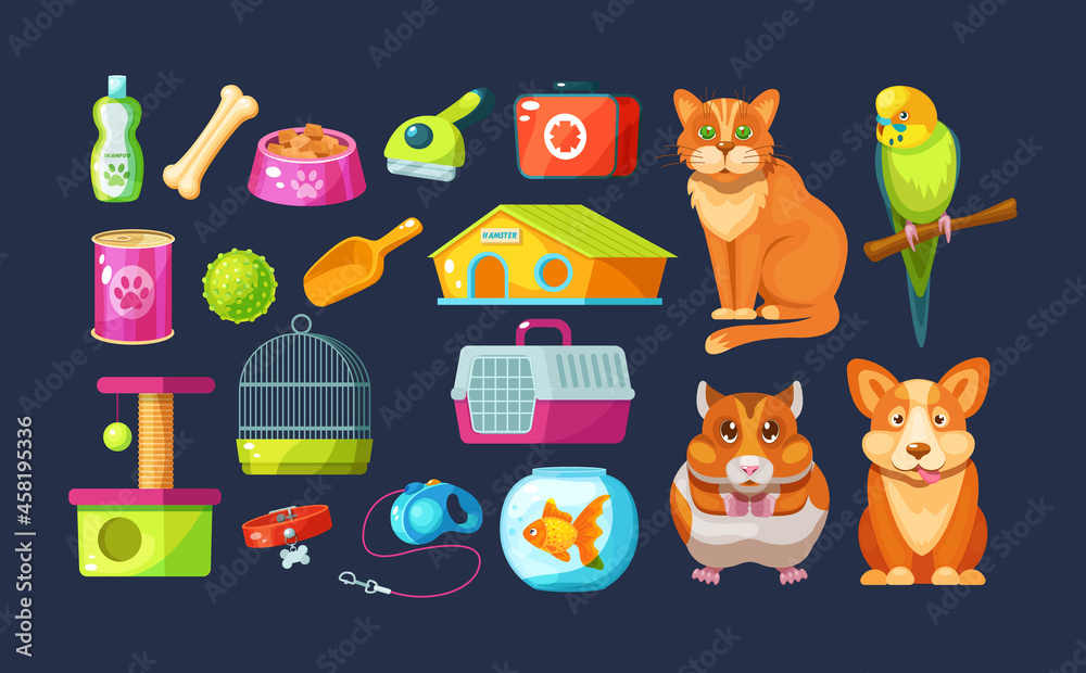 Pet store with animal food, accessories and toys domestic. Pet shop supplies  with parrot, hamster, cat, dog. Pet accessories: shampoo, bone, food,  leash-collar, first-aid kit, aquarium with fish Stock Vector | Adobe