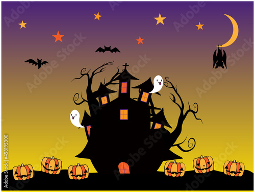 ハロウィンのお化け屋敷とかぼちゃのイラスト